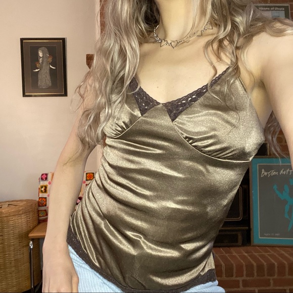 Vintage Y2K Silky Chocolate Lace Detail Cami Spaghetti Strap Tank Xhilar… - Picture 4 of 13